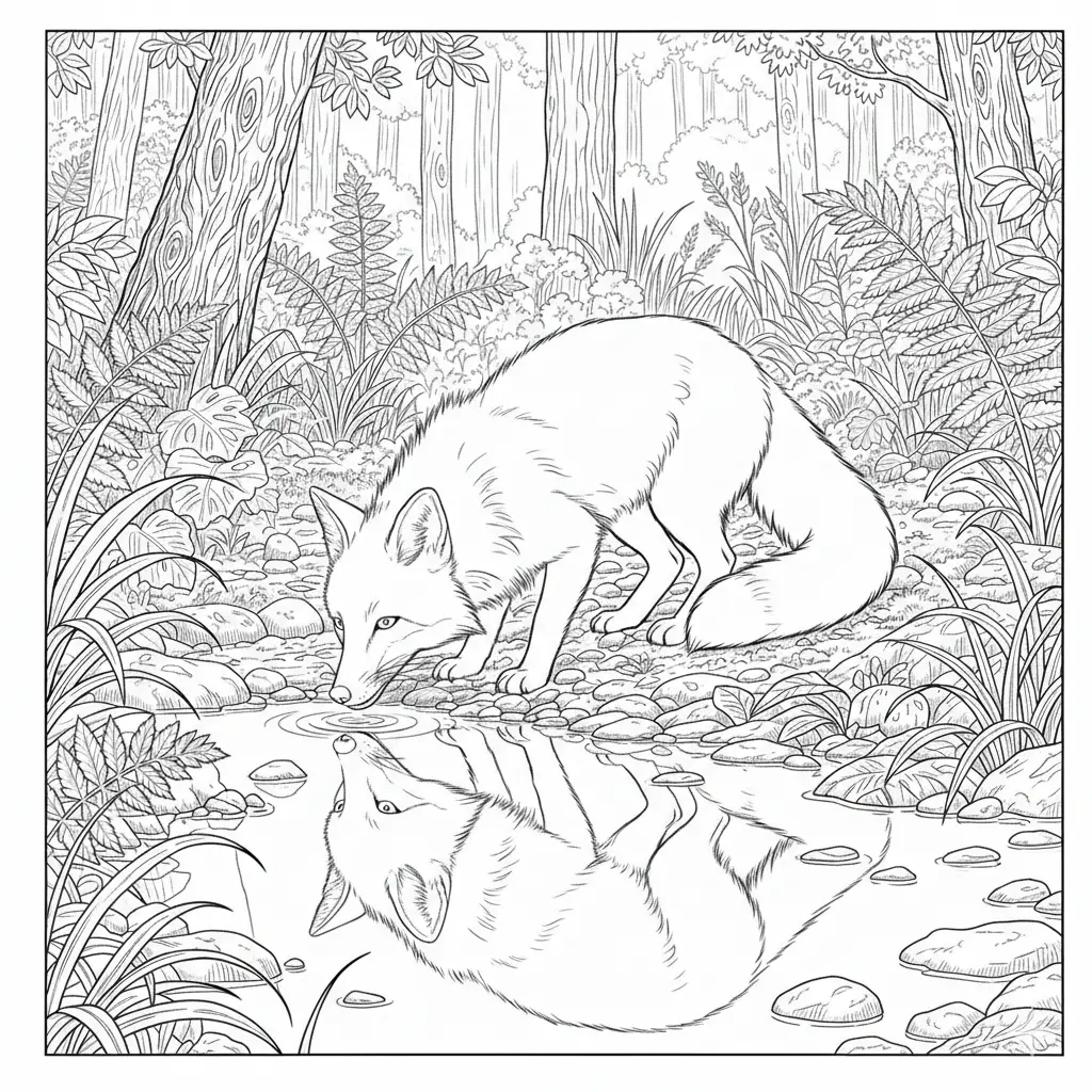 דף צביעה של שועל שותה מים מנחל להדפסה