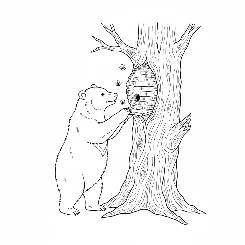 דף צביעה של דוב שחור אסייתי וכוורת דבורים להדפסה
