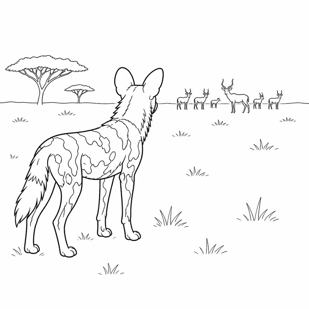 דף צביעה של זאב טלוא מסתכל על עדר להדפסה