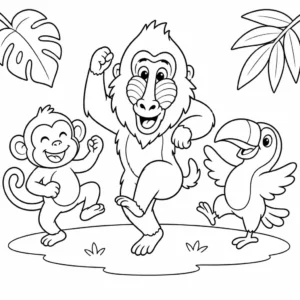 דף צביעה של מנדריל רוקד עם חברים להדפסה