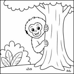 דף צביעה של סיאמנג מציץ מאחורי עץ להדפסה