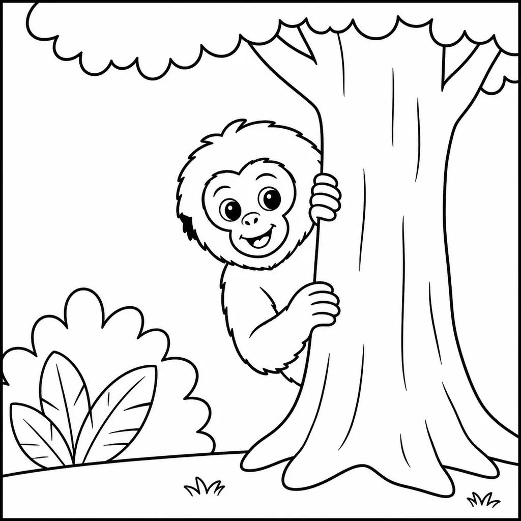 דף צביעה של סיאמנג מציץ מאחורי עץ להדפסה