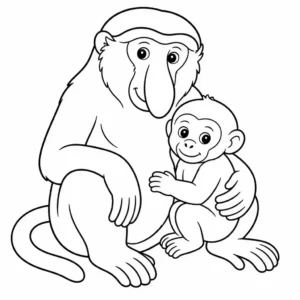 דף צביעה של קוף חוטם וגור להדפסה