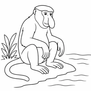 דף צביעה של קוף חוטם ליד אגם להדפסה