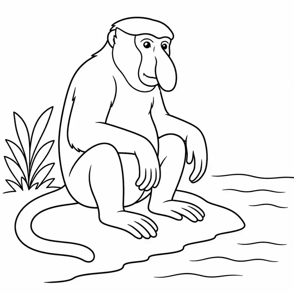 דף צביעה של קוף חוטם ליד אגם להדפסה