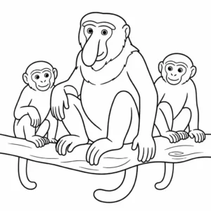 דף צביעה של קוף חוטם עם המשפחה להדפסה
