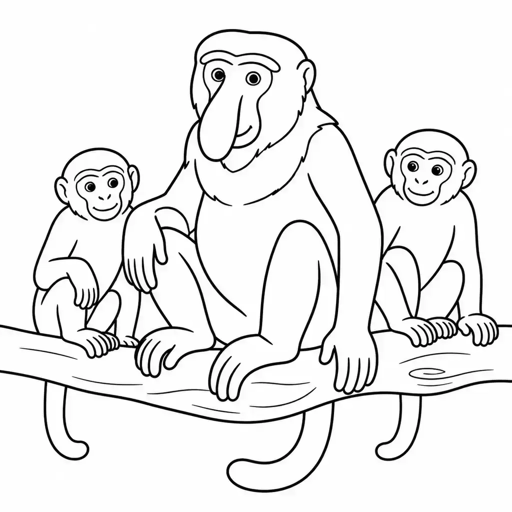 דף צביעה של קוף חוטם עם המשפחה להדפסה