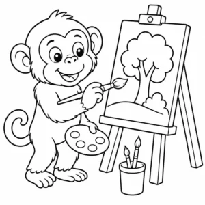 דף צביעה של שימפנזה מצייר עץ להדפסה