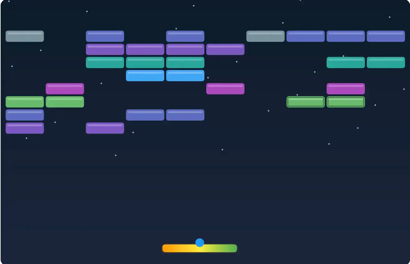Rhythm game UI: colorful note blocks scattered across a dark starry background, with a color-gradient bar and blue knob at the bottom center for tapping.